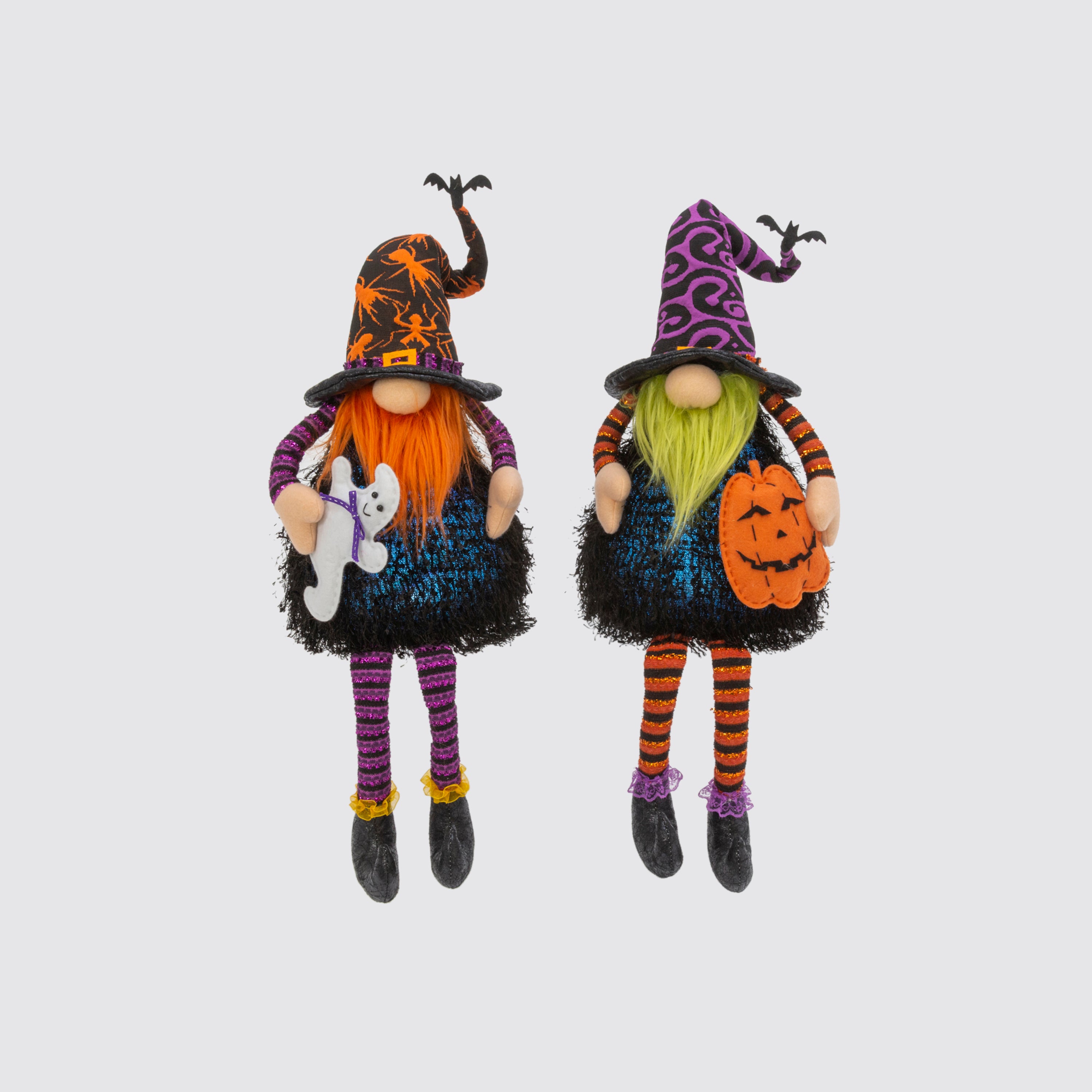 Set of 2 Plush Lighted Halloween Shelf Sitter Gnomes, Battery Operated